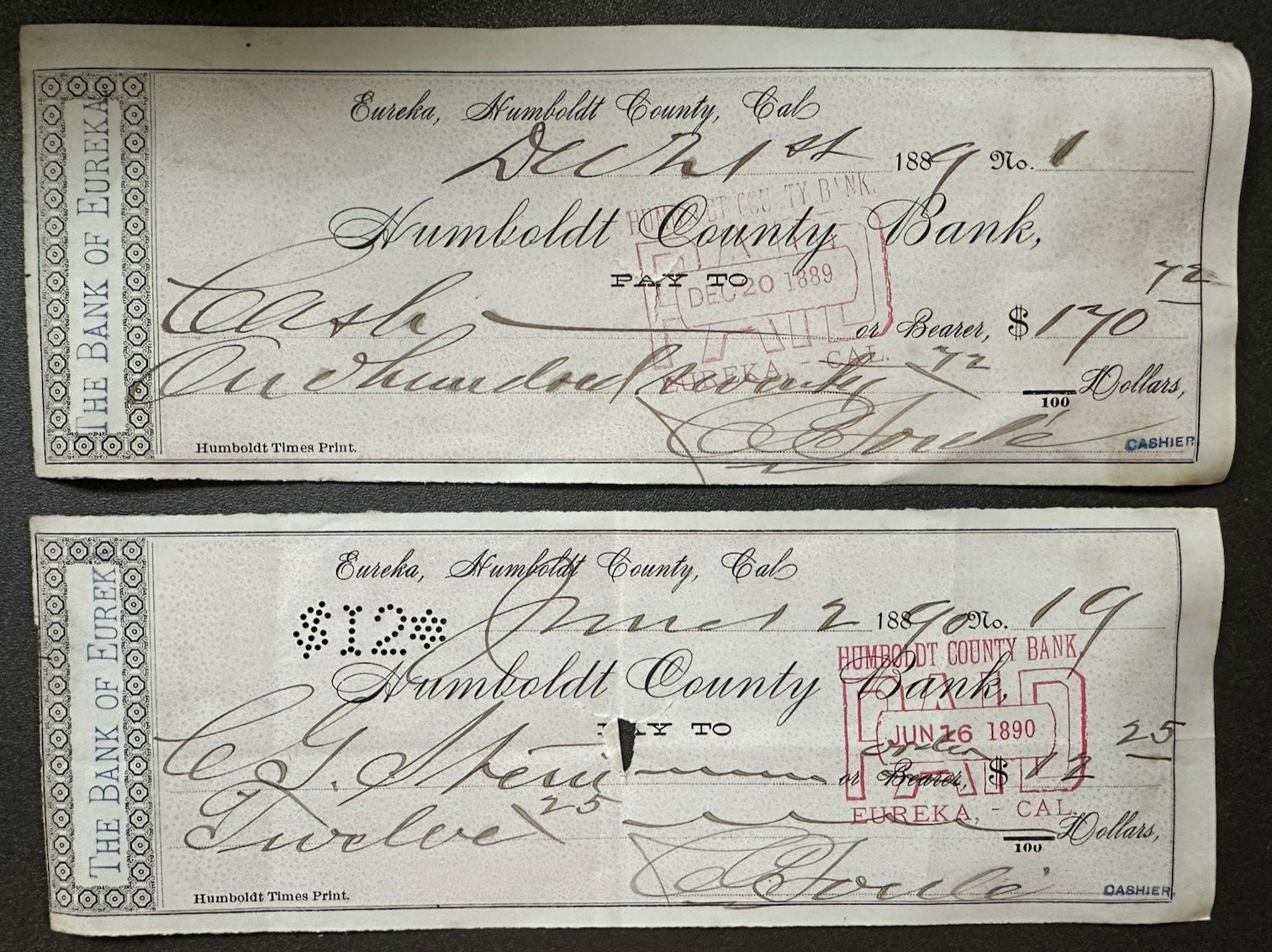 BANK OF EUREKA Ca 1920’s 1930’s 1940’s HUMBOLT COUNTY Signed CASHED Check 1889
