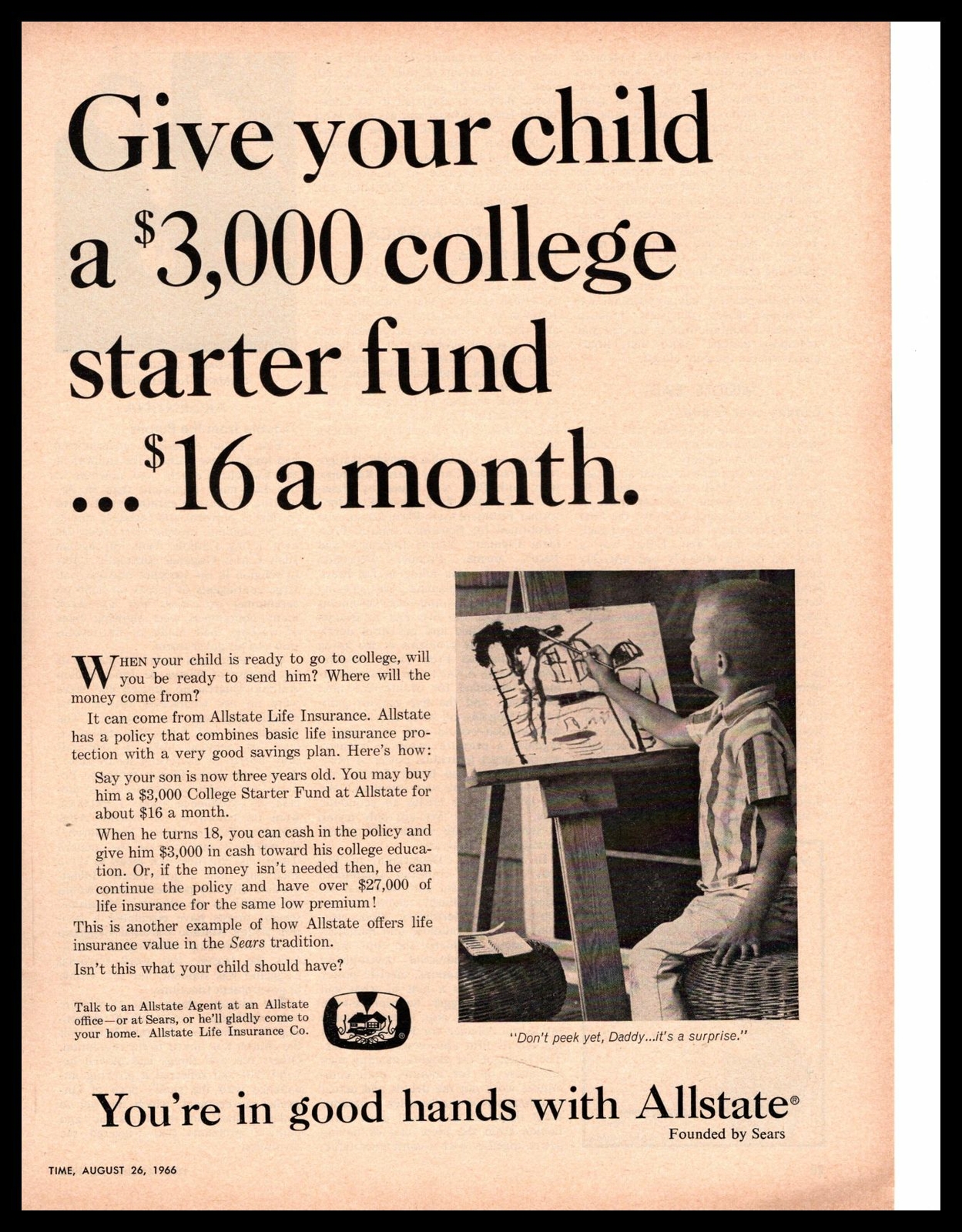 1966 Allstate Insurance Child’s $3000 College Starter Fund Boy Drawing Print Ad
