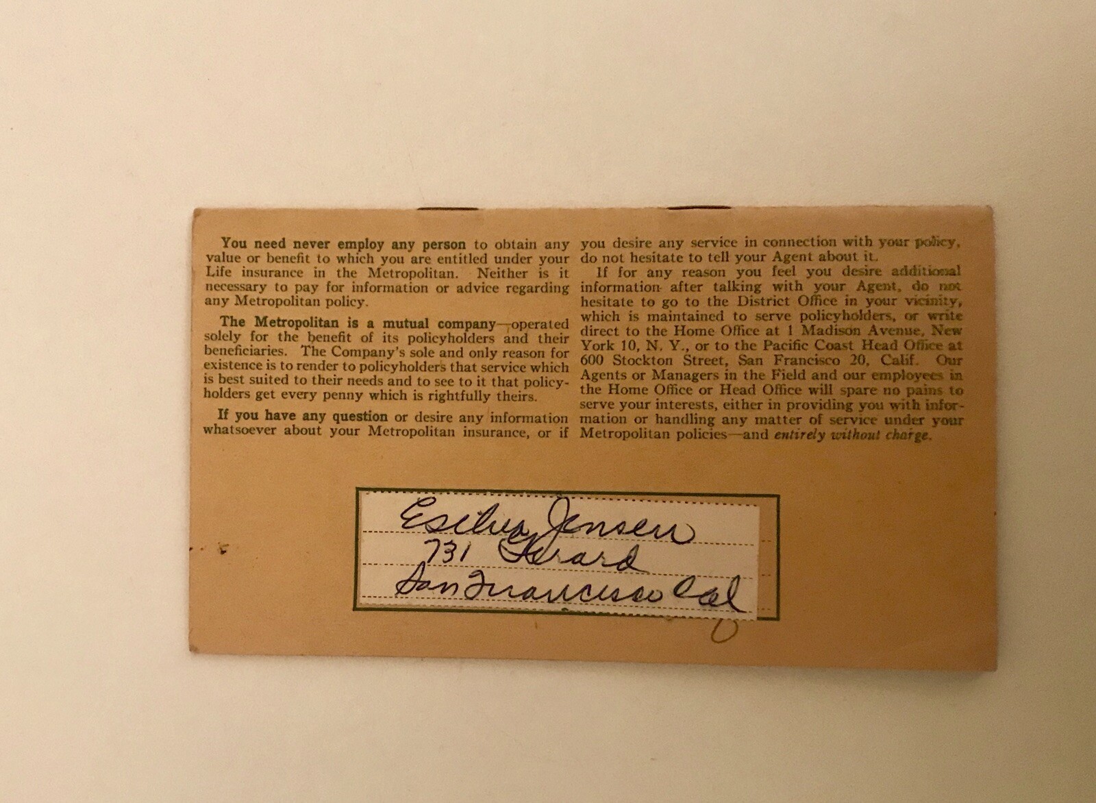 VTG Rare ORG 1945 METROPOLITAN LIFE INSURANCE COMPANY SF CALIF ACCOUNT