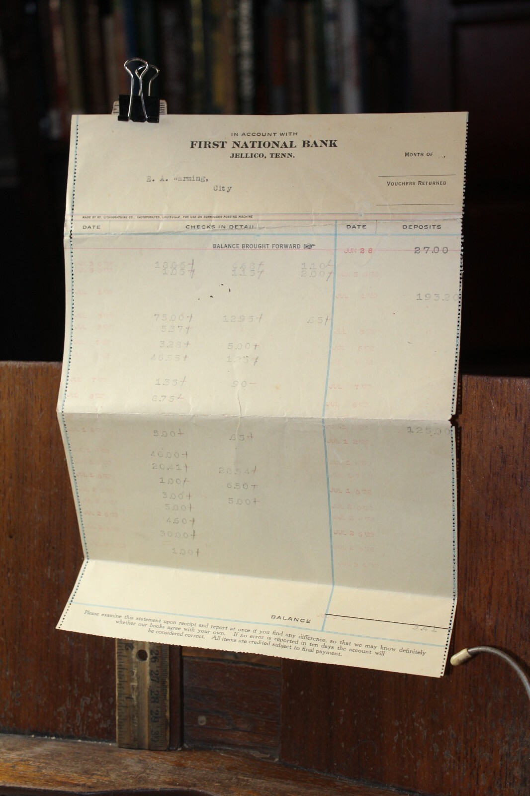 1922 Account Ledger First National Bank Jellico Tennessee