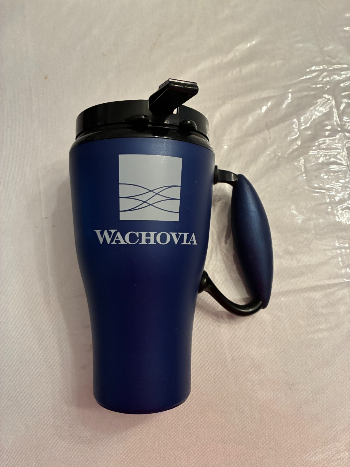 Vintage Wachovia Bank Blue, Black & White 7″ Travel Mug Promoting Credit Cards