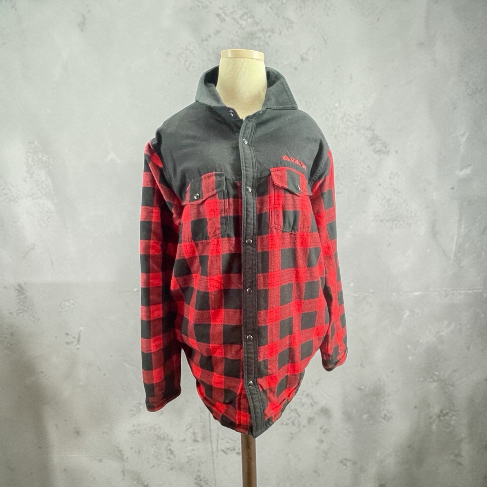 State Farm Mens Buffalo Plaid Fleece Large Red Black Long Sleeve Shirt Stormtec
