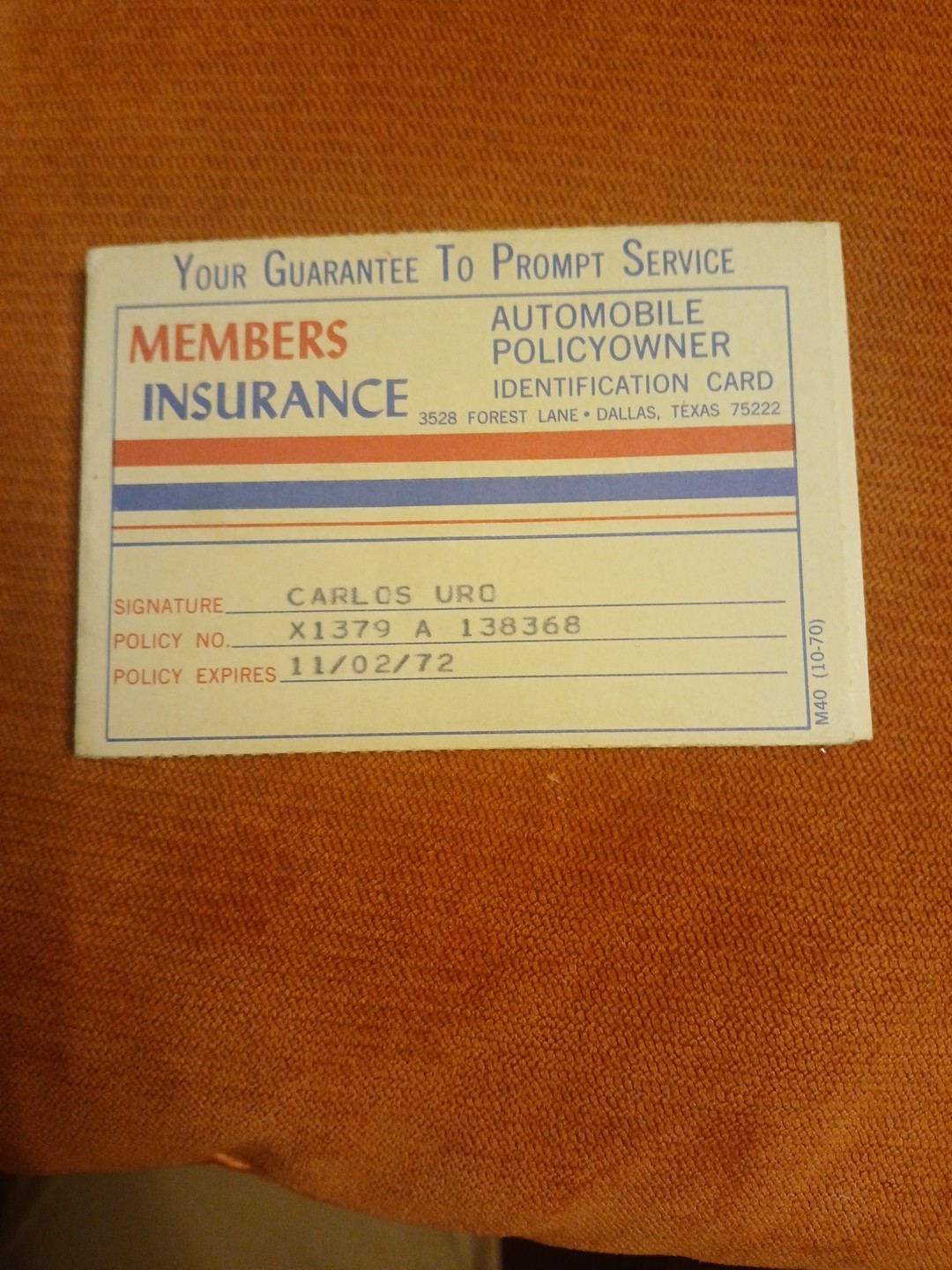 Members Ins. Auto Policyowner ID Card 1972, OOAK, Rare, Near Mint.