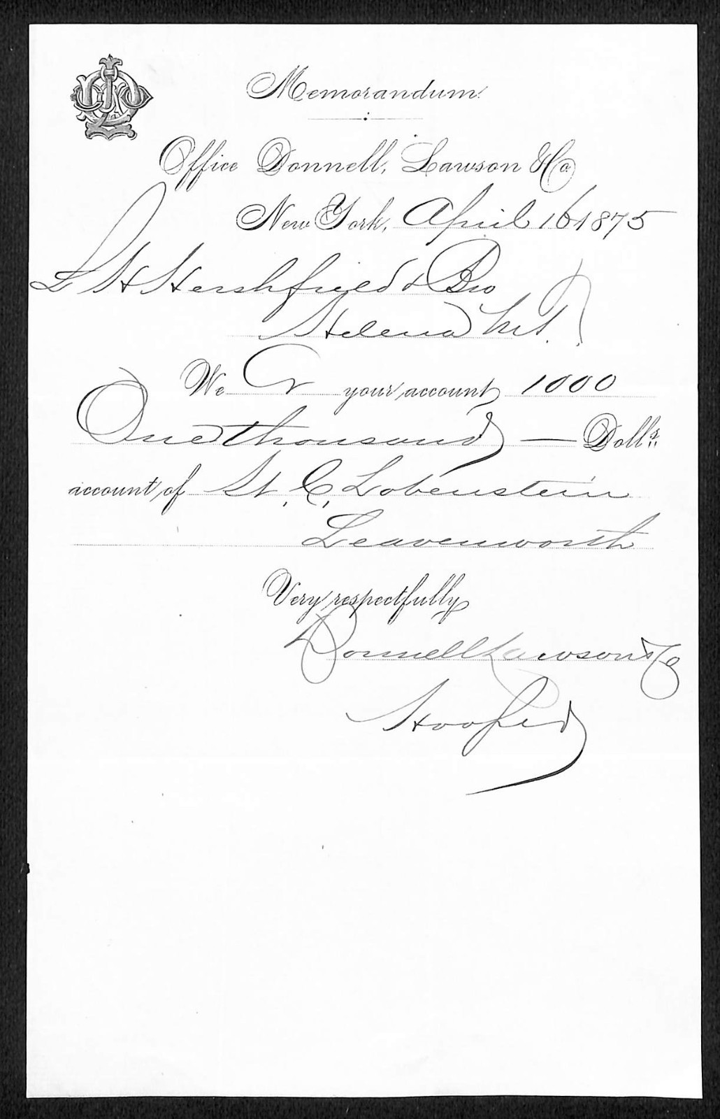 Donnell, Lawson & Co NYC Bankers L.H. Hershfield* 1875 Payment Memo Receipt (#4)