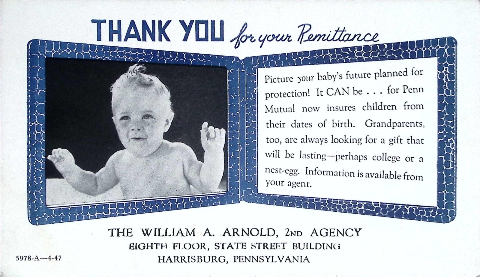 Vintage Penn Mutual Baby Insurance Advertising Card Harrisburg Pennsylvania