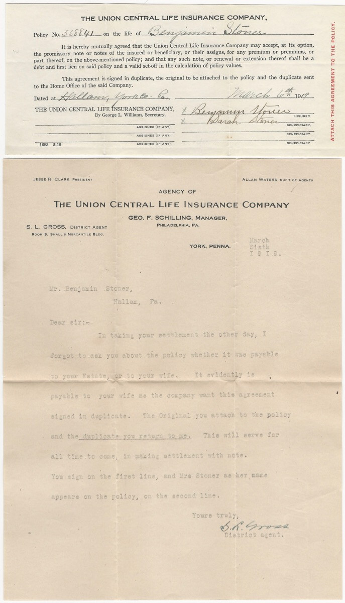 1919 Union Central Life Insurance Co. York Pennsylvania Letter & Receipt