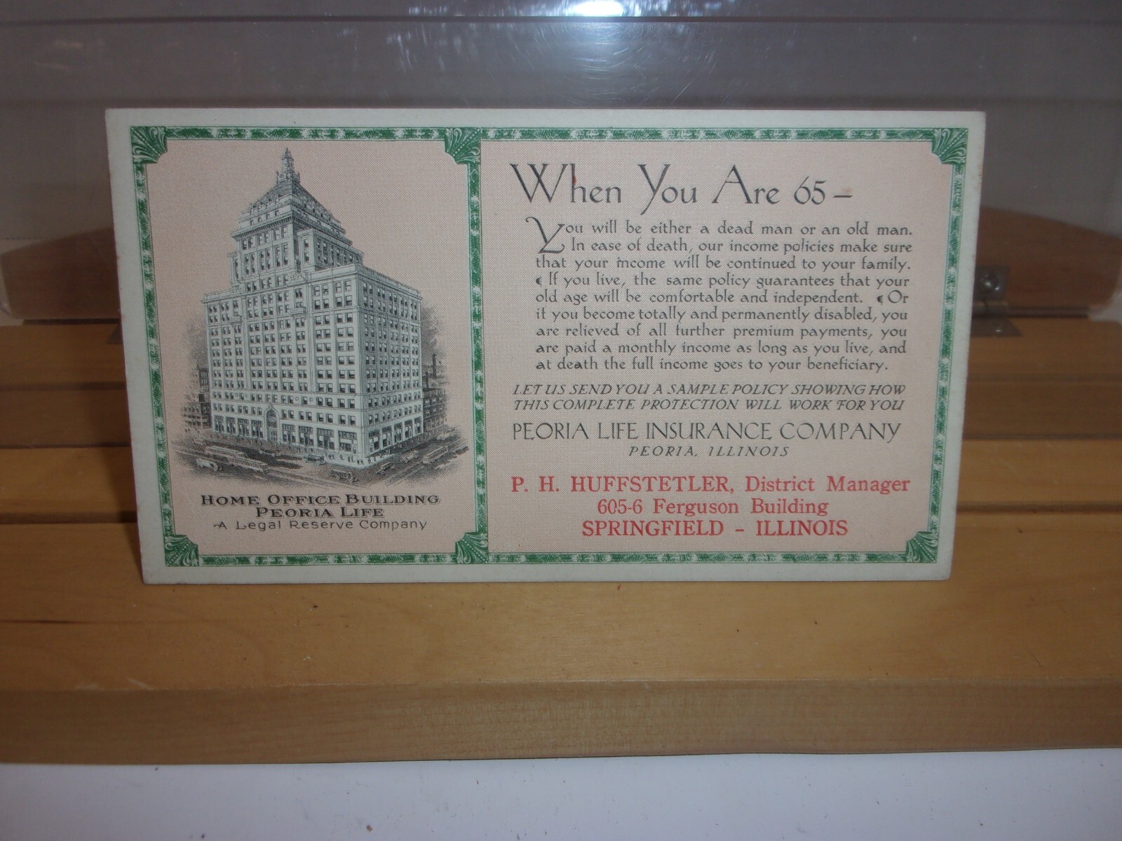 Peoria Life Insurance Company Business Card 6″ X 3.5″ With Home Office Building