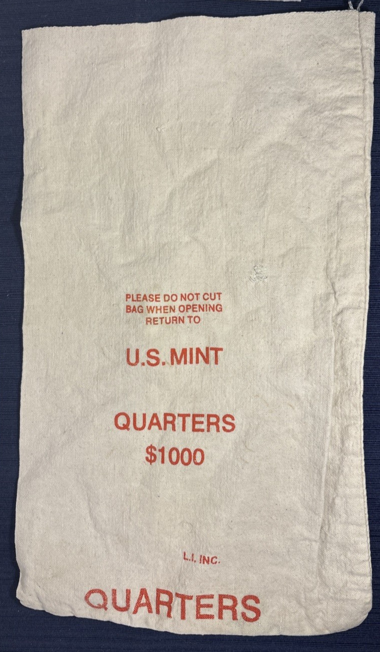 U.S. Mint Canvas Money Bag 12×19 Cream Quarters $1000 Red Print Vintage Style