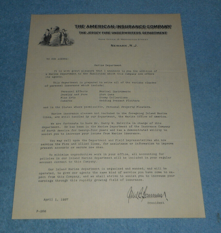 1937 American Insurance Co Jersey Fire Underwriters Letter New Marine Department