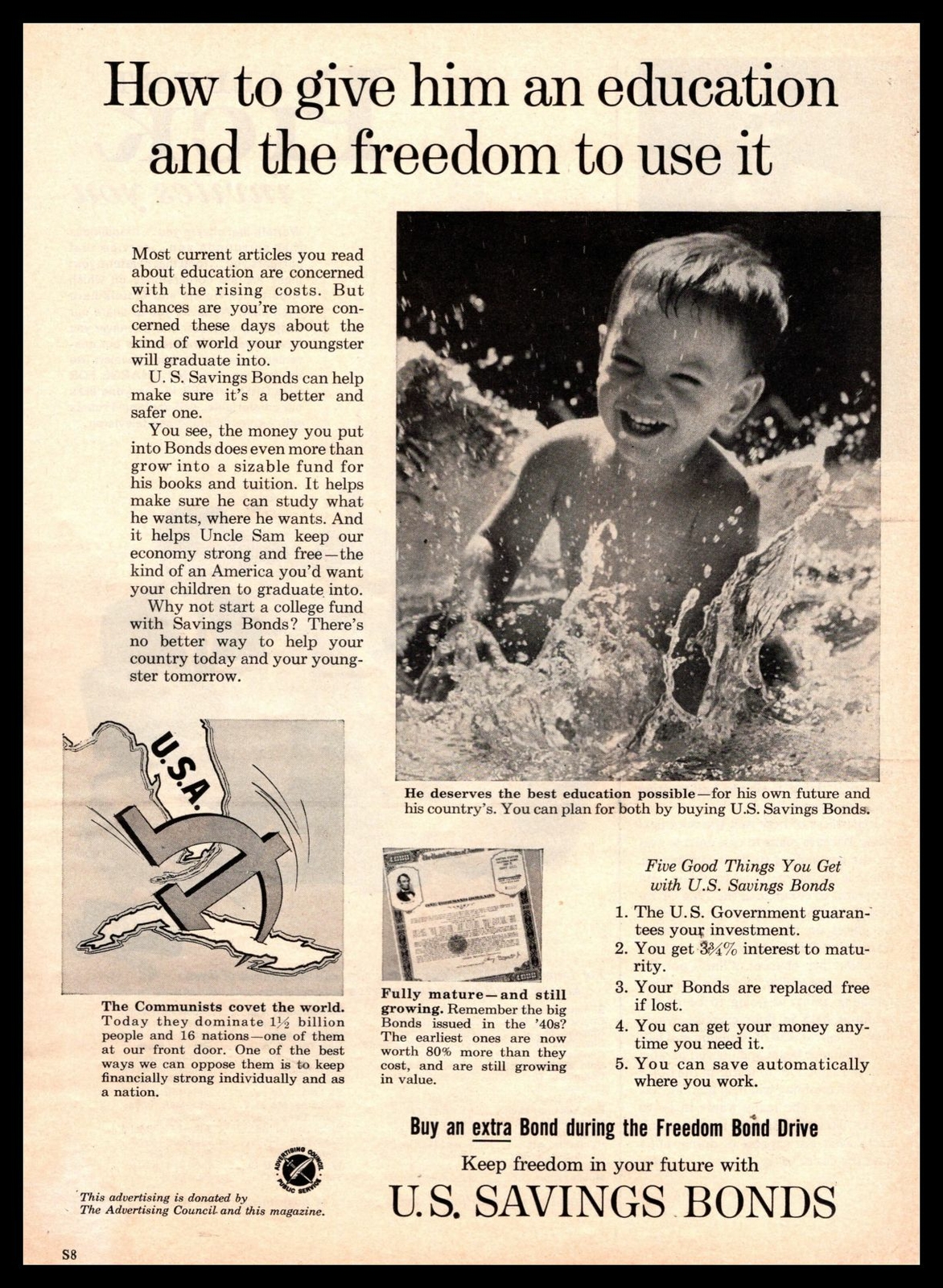 1962 U.S. Savings Bonds “The Communists Covet The World” Boy Swimming Print Ad