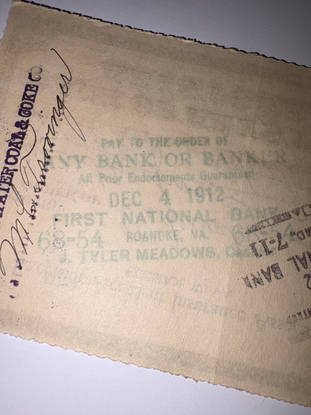 RARE 1912 INSURANCE CHECK TO COAL MINE CO. FOR DEATH? or INJURY? TIDEWATER W. VA