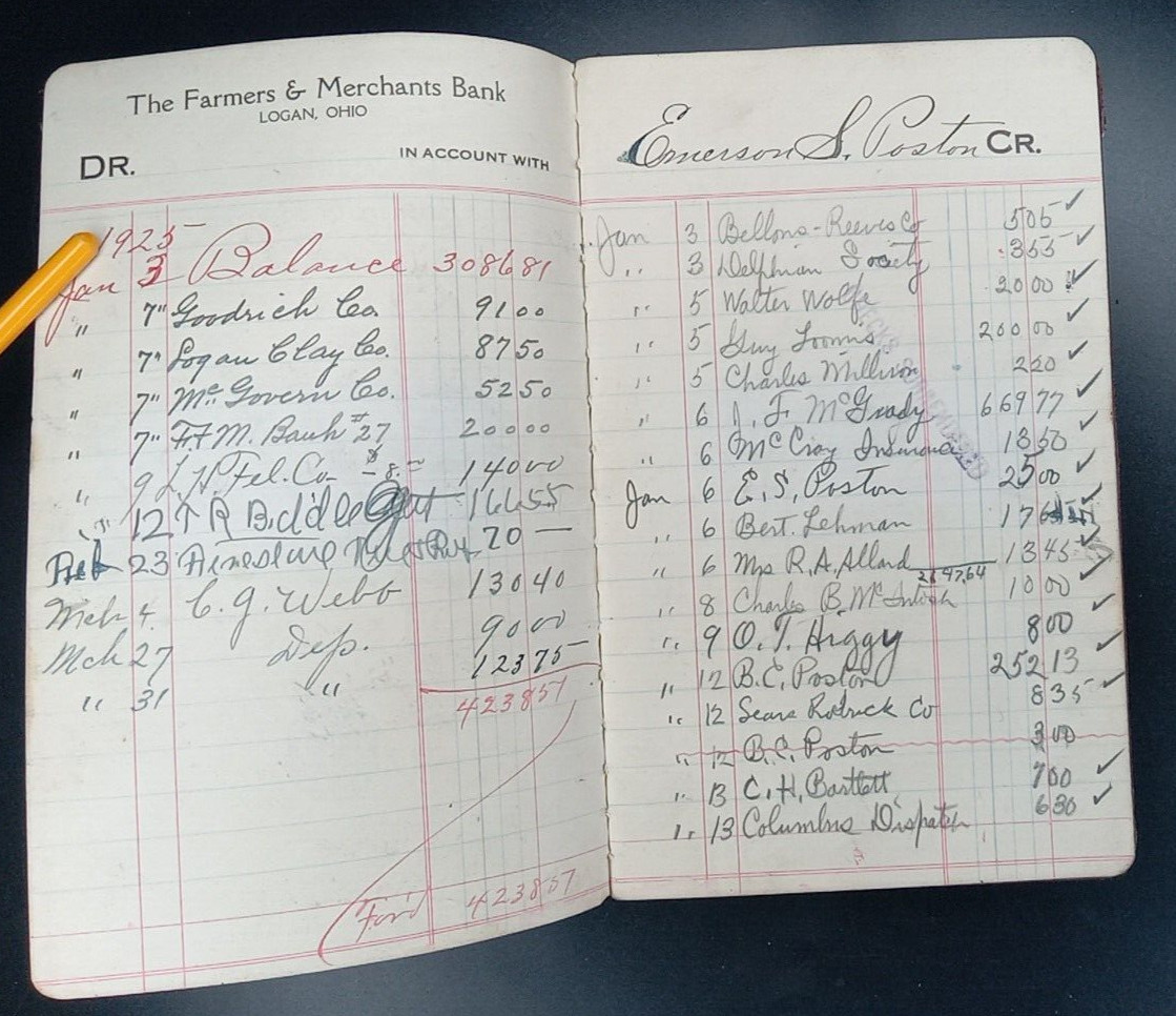 Logan Ohio Farmers Merchants Bank Account Book 1925 Vintage