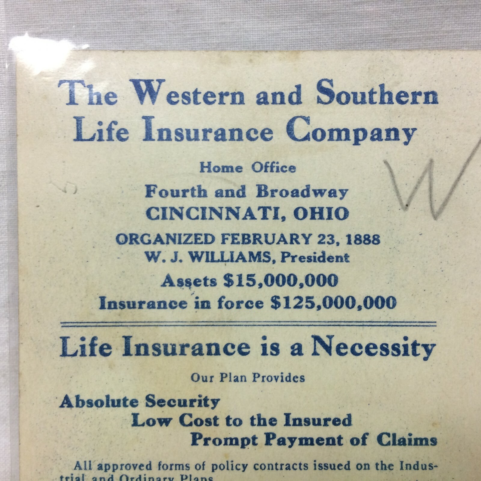Vintage Trade Card Advertising The Western & Southern Life Insurance Co. Ohio