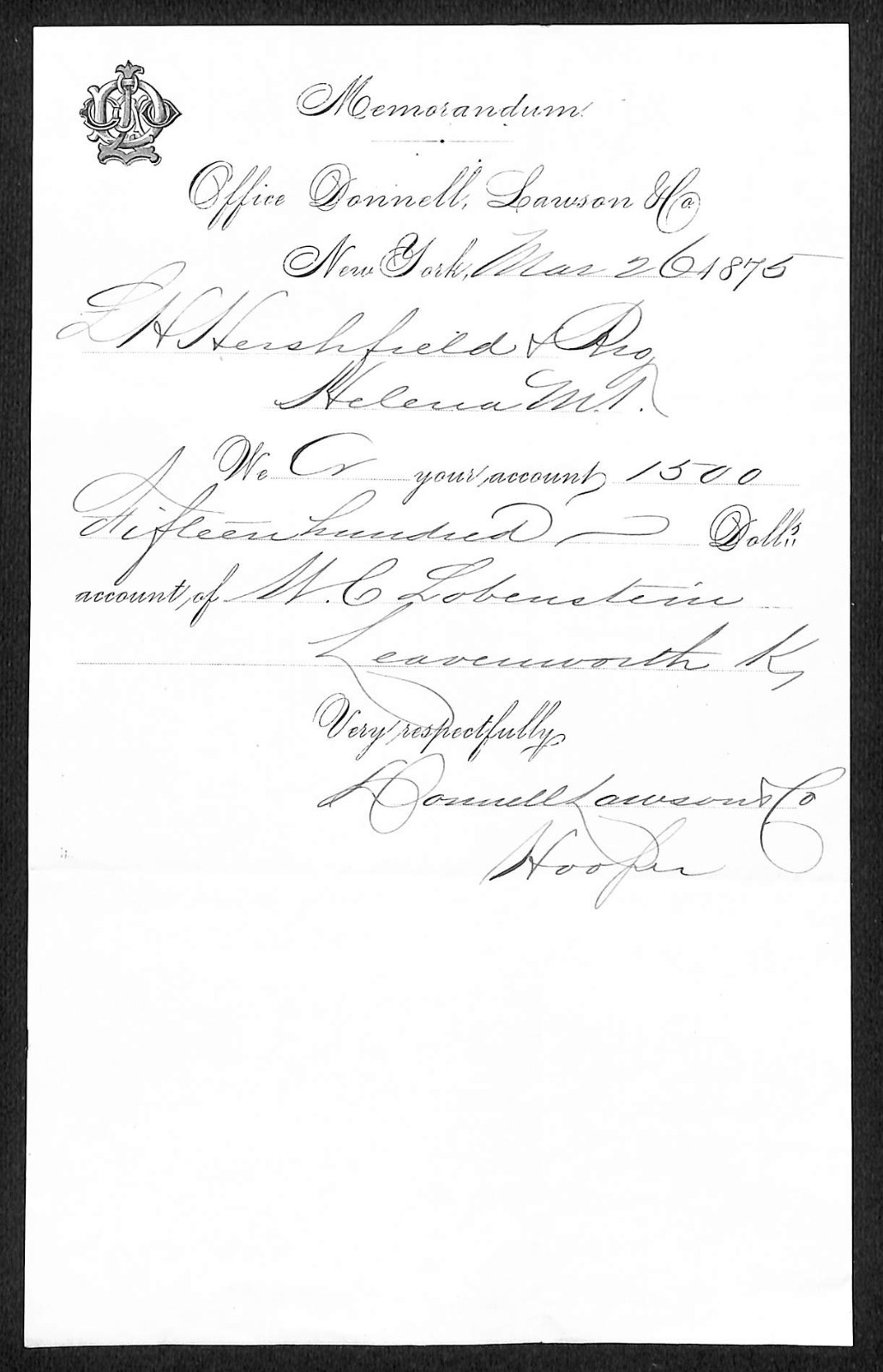 Donnell, Lawson & Co NYC Bankers L.H. Hershfield* 1875 Payment Memo Receipt (#3)