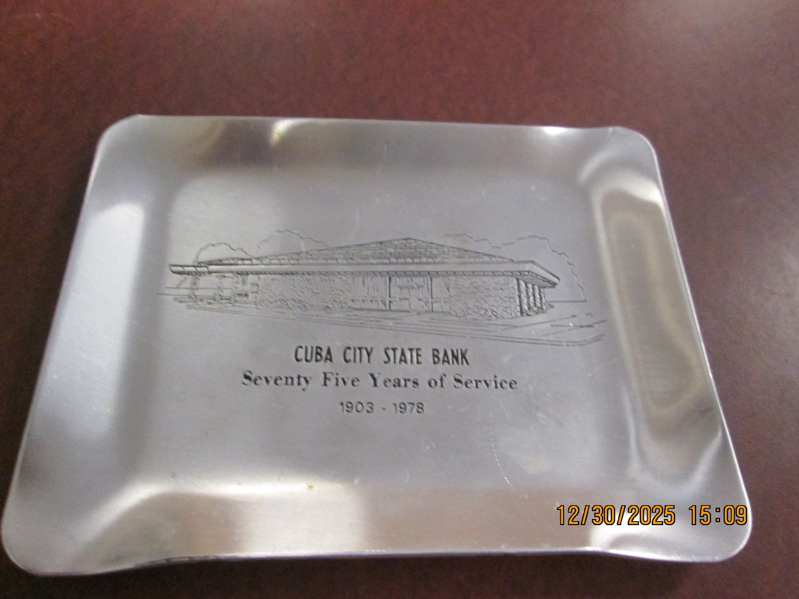 Cuba City State Bank Wisconsin Metal Trinket Tray 75 Years of Service