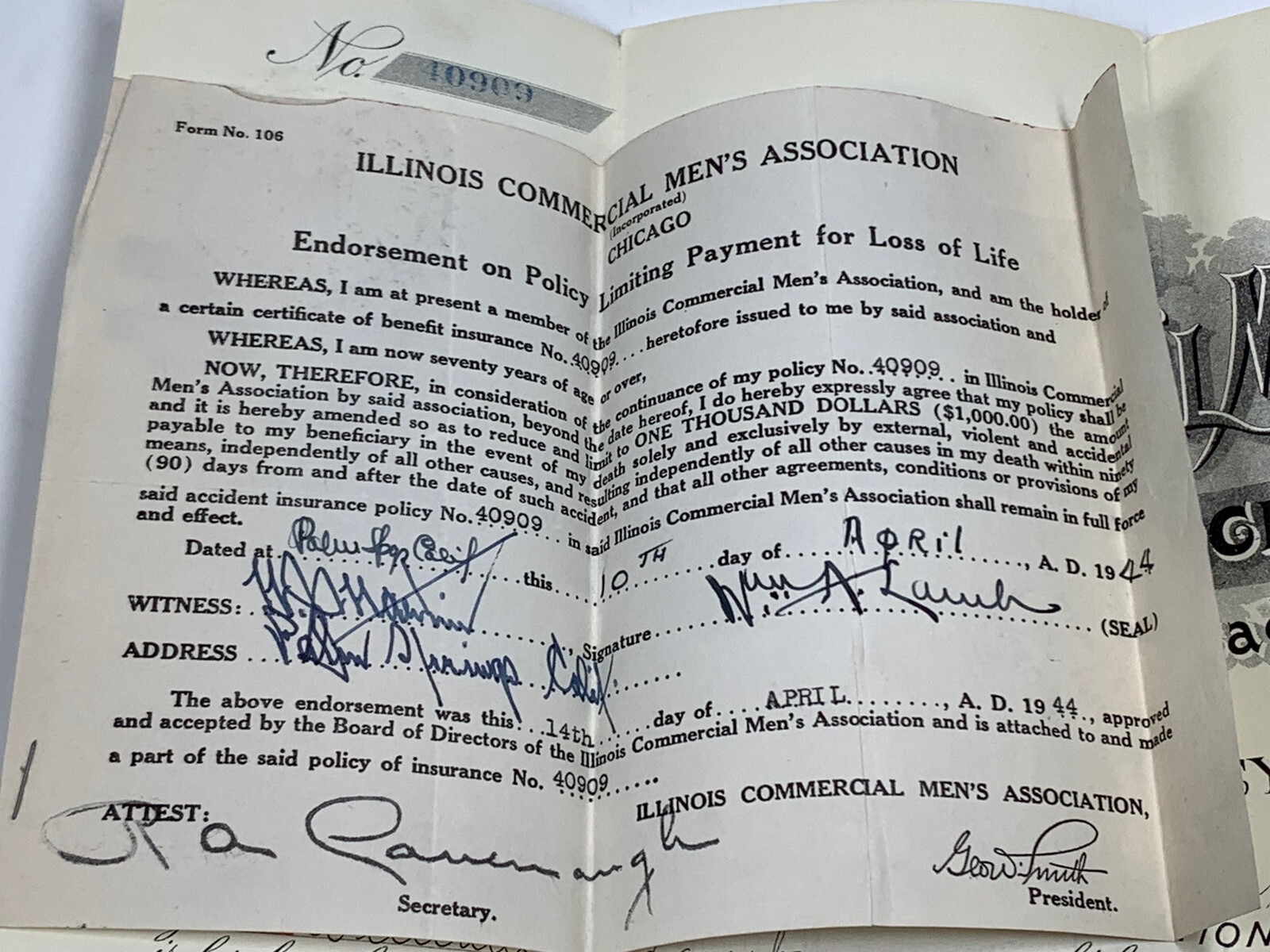1906 Engraved Insurance Policy Illinois Commercial Mens Association UPDT 1944