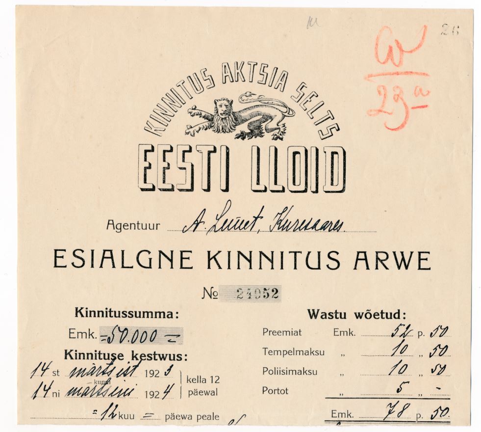 1923 Estonia Estonian LLOYD LLOID Company Insurance Policy LARGE FORMAT Rare