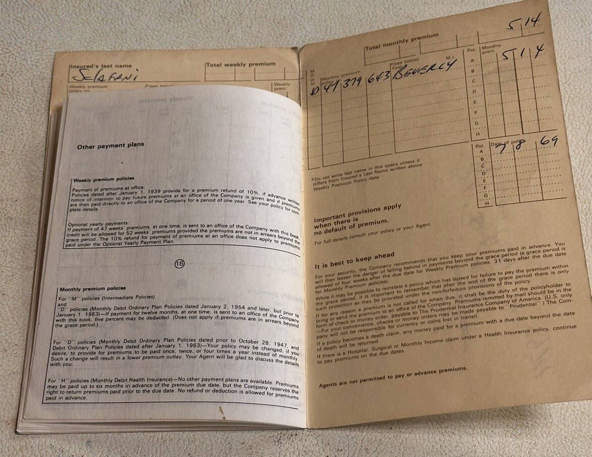 1970s Prudential Insurance Premium Receipt Book