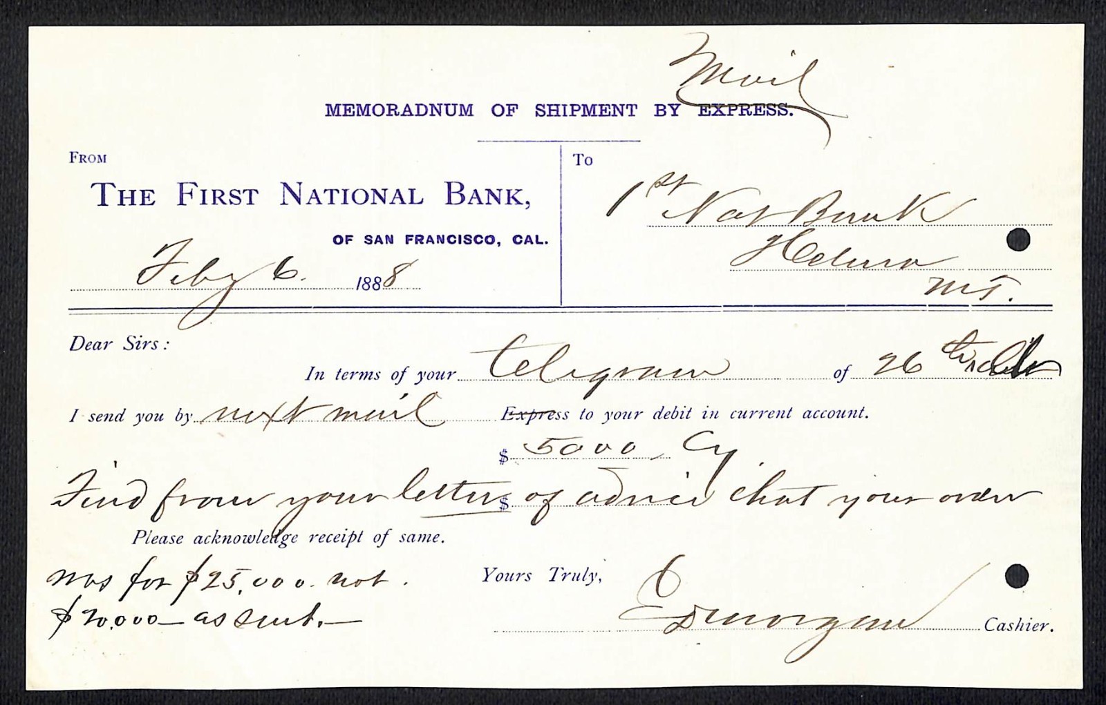 First National Bank San Francisco 1888 Memo of Shipment to FNB Helena, MT