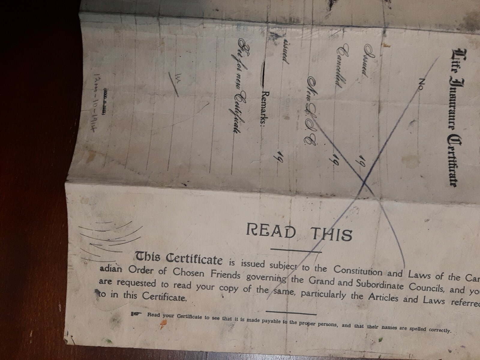Canada 1910s Insurance Certificate.Canadian Order Of Chosen Friends