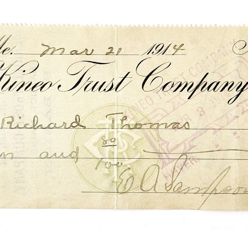 1914 Kineo Trust Company Bank Check E.A. Sampson Dover Maine Signed 6225 CHX10