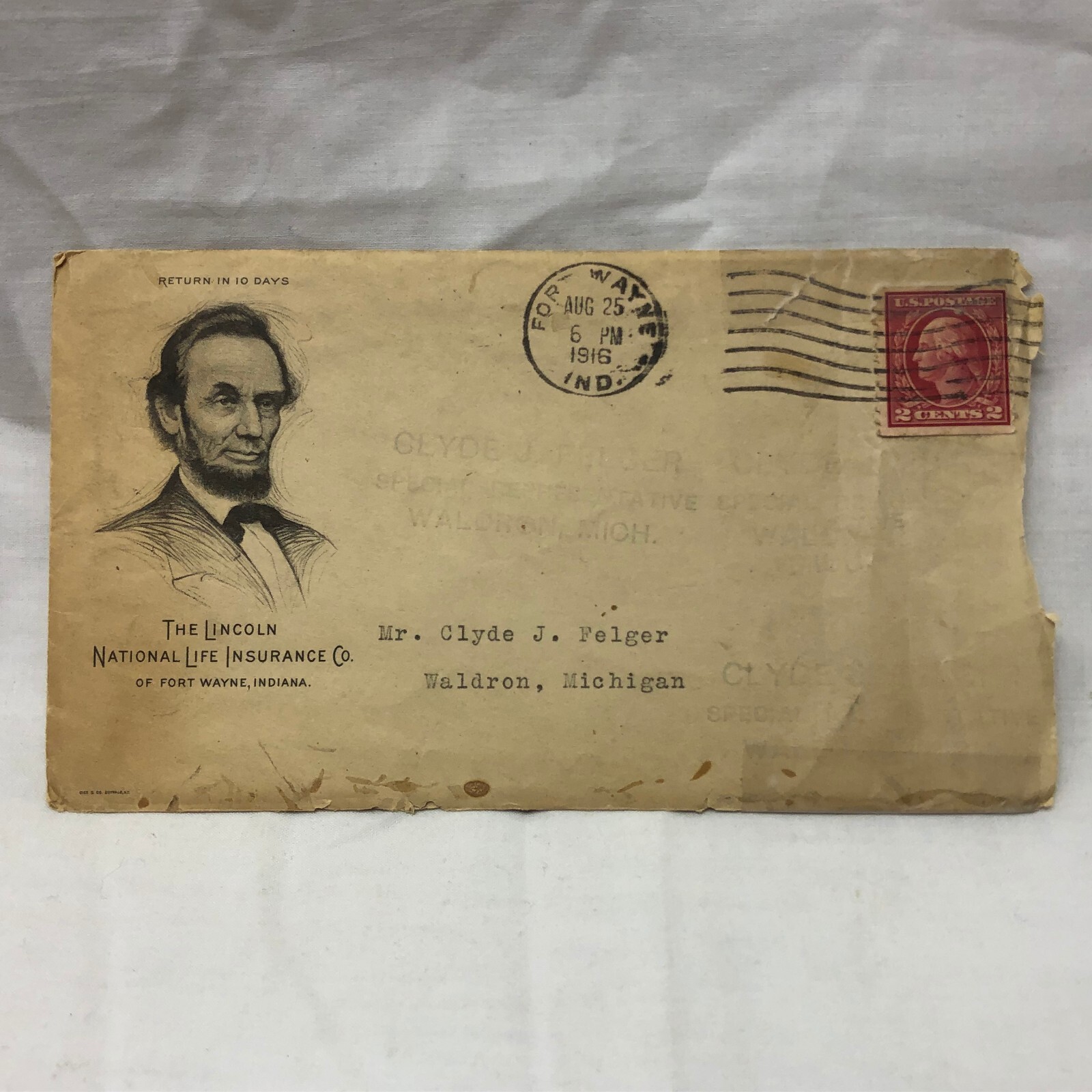 Vintage 1916 Lincoln National Life Insurance Co Envelope ONLY Fort Wayne Indiana