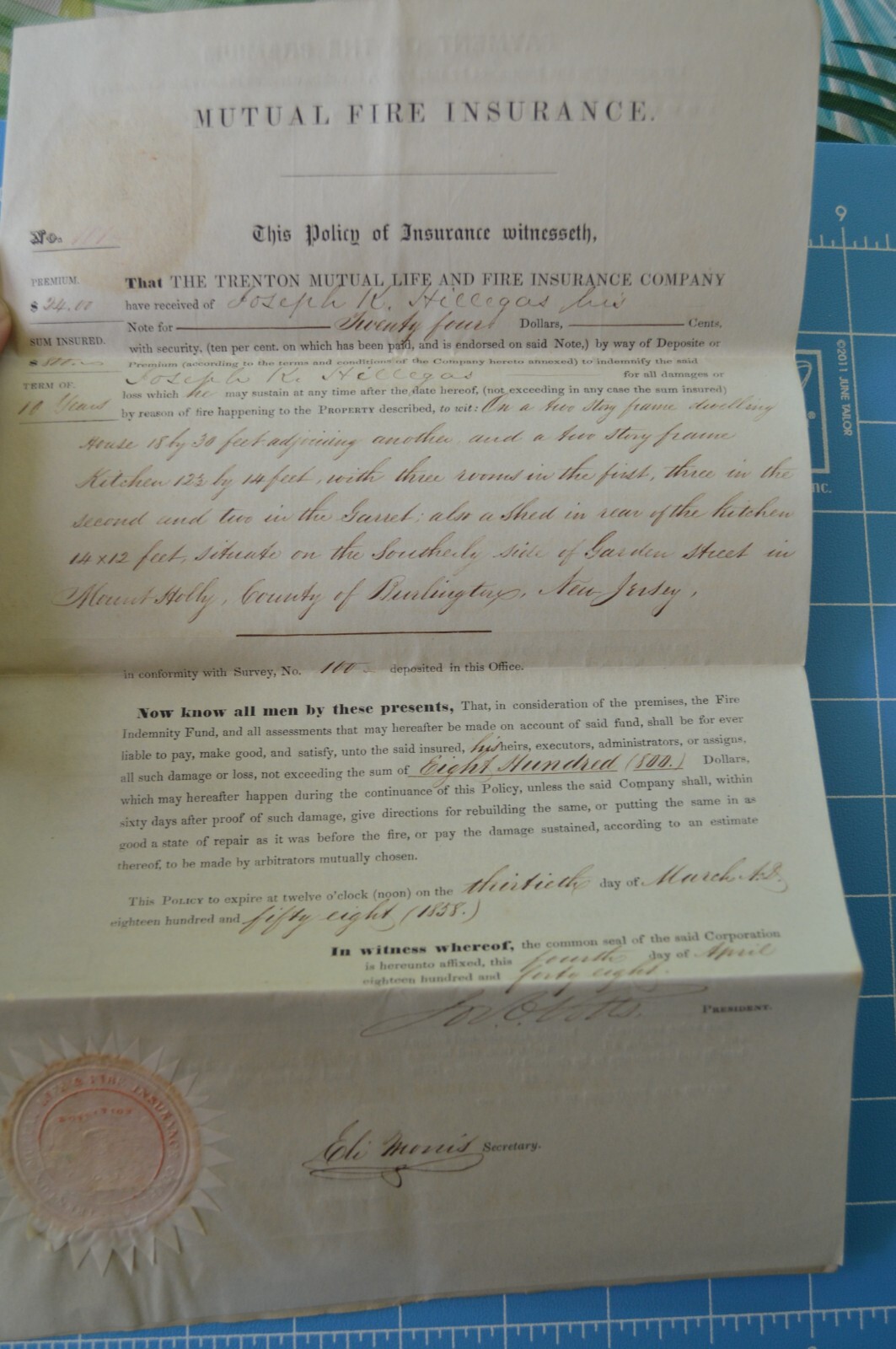 1850s NJ Trenton Mutual Life & Fire Insurance Company Document Related Ephemera