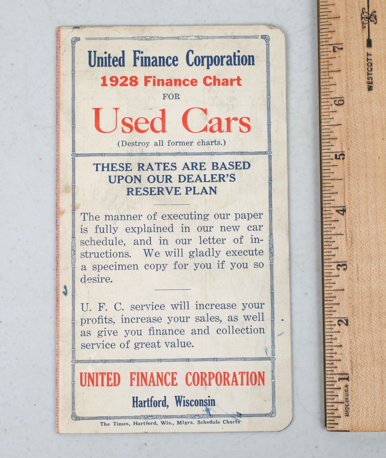 1928 United Finance Corp. Finance Chart for Used Cars Sales Hartford Wisconsin
