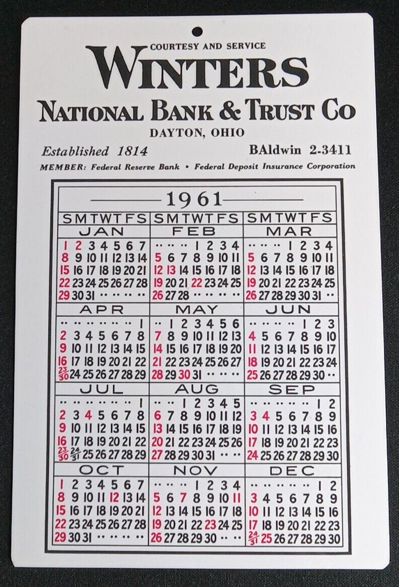 Dayton Ohio Winters National Bank Trust 1961 Hard Plastic Calendar