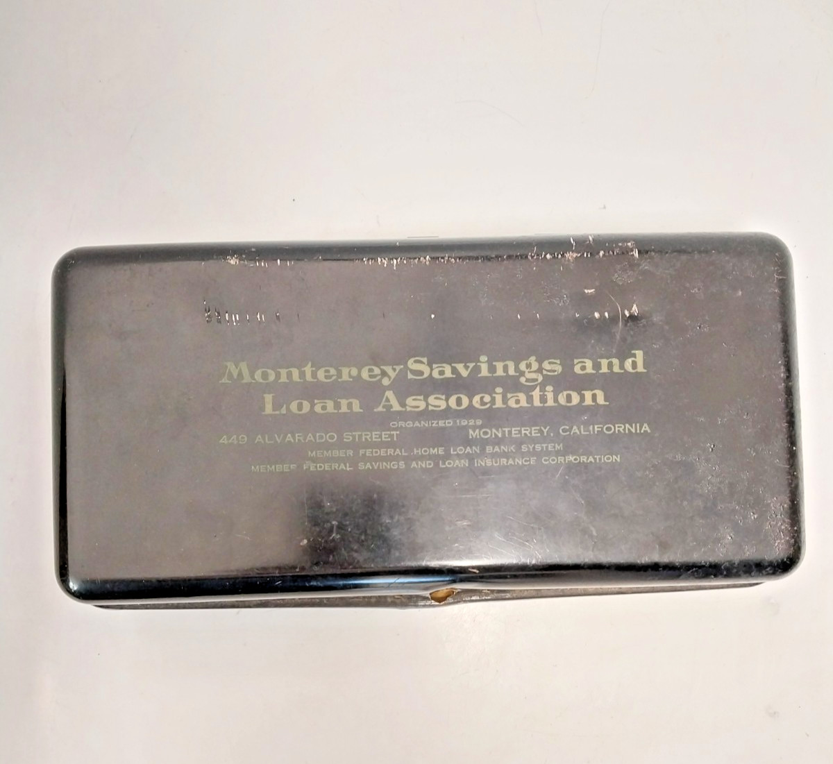 Vntg Monterey CA Savings & Loan Association Advertising Metal Cash Box Safe Read