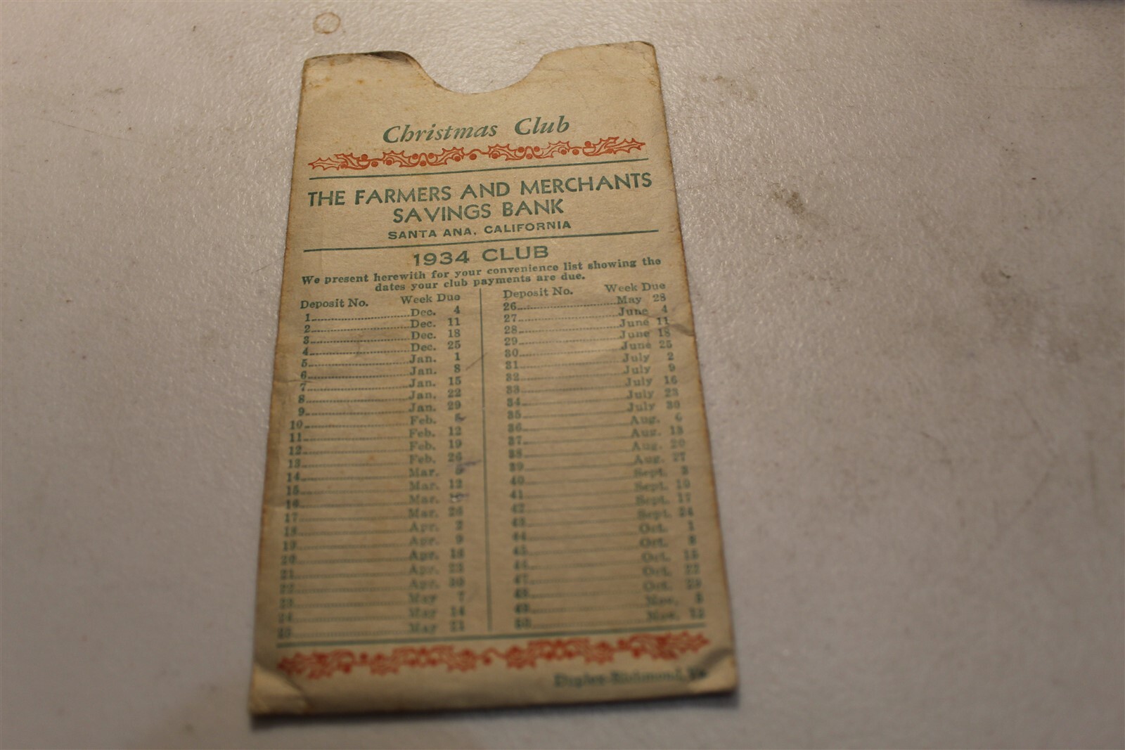 FARMERS AND MERCHANTS SAVINGS BANK SANTA ANA, CA 1934 CHRISTMAS CLUB FOLDER