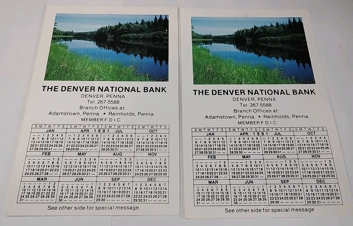 2x Vintage 1991 Pocket Calendar The Denver National Bank Denver, Pennsylvania