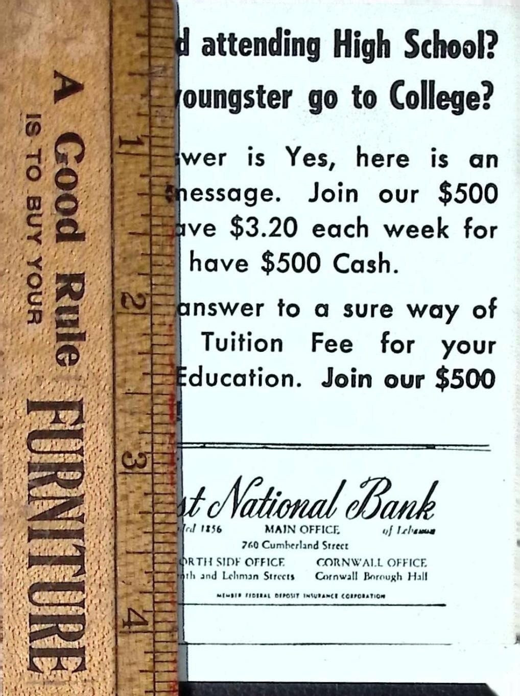 Vintage First National Bank Lebanon PA $500 Club Education Savings Ad Card