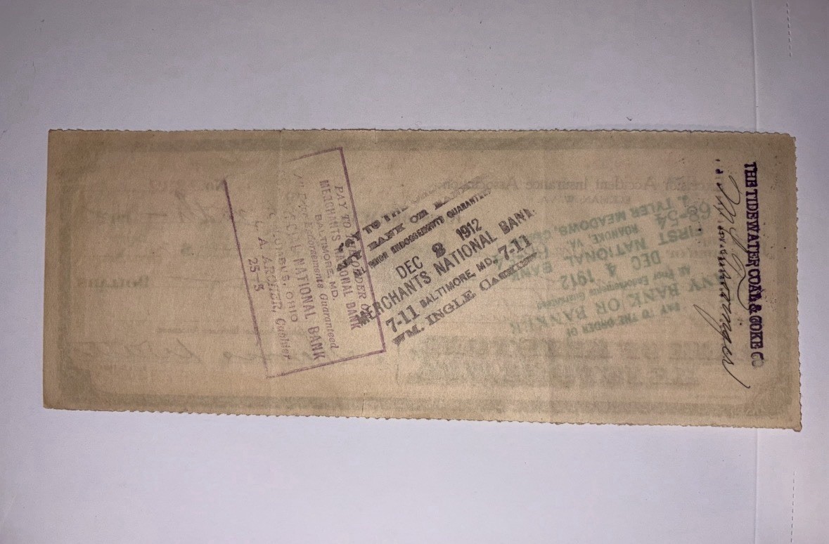 RARE 1912 INSURANCE CHECK TO COAL MINE CO. FOR DEATH? or INJURY? TIDEWATER W. VA