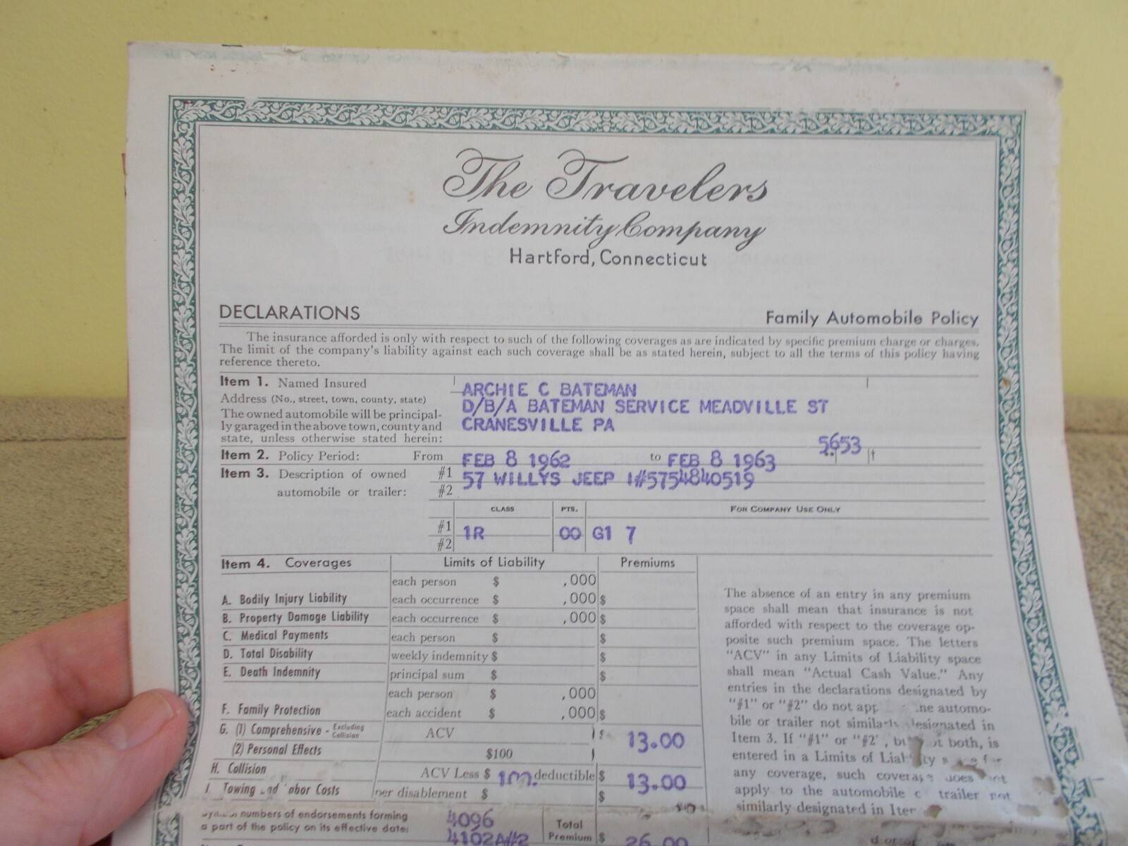 VINTAGE 1962 TRAVELERS AUTO INSURANCE . POLICY PAPER 1957 WILLYS JEEP ADVERTIZE