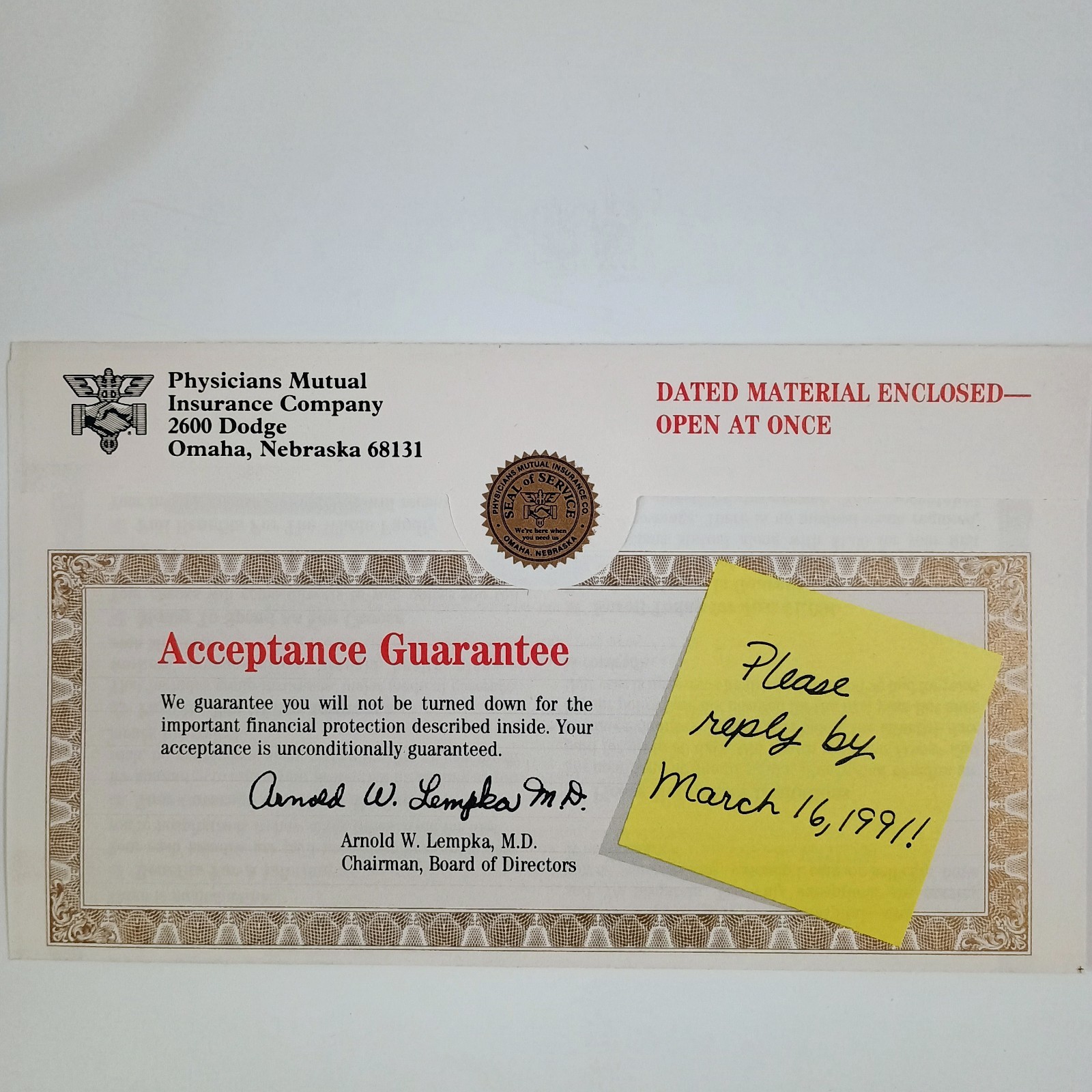 Physicians Mutual Mailer Advertising From Pre-Y2K Early 1990’s Collectors Piece