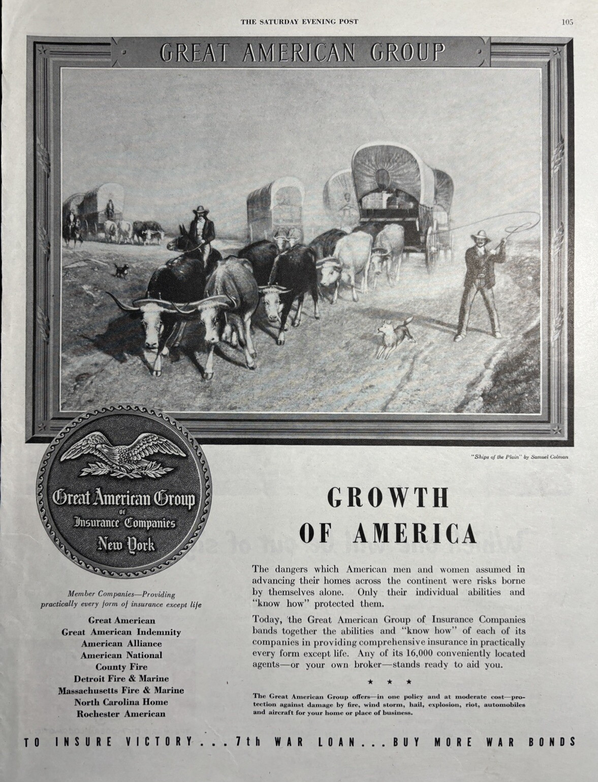 1945 Great American Group Insurance Companies NY Ships Plain Coleman VTG Ad