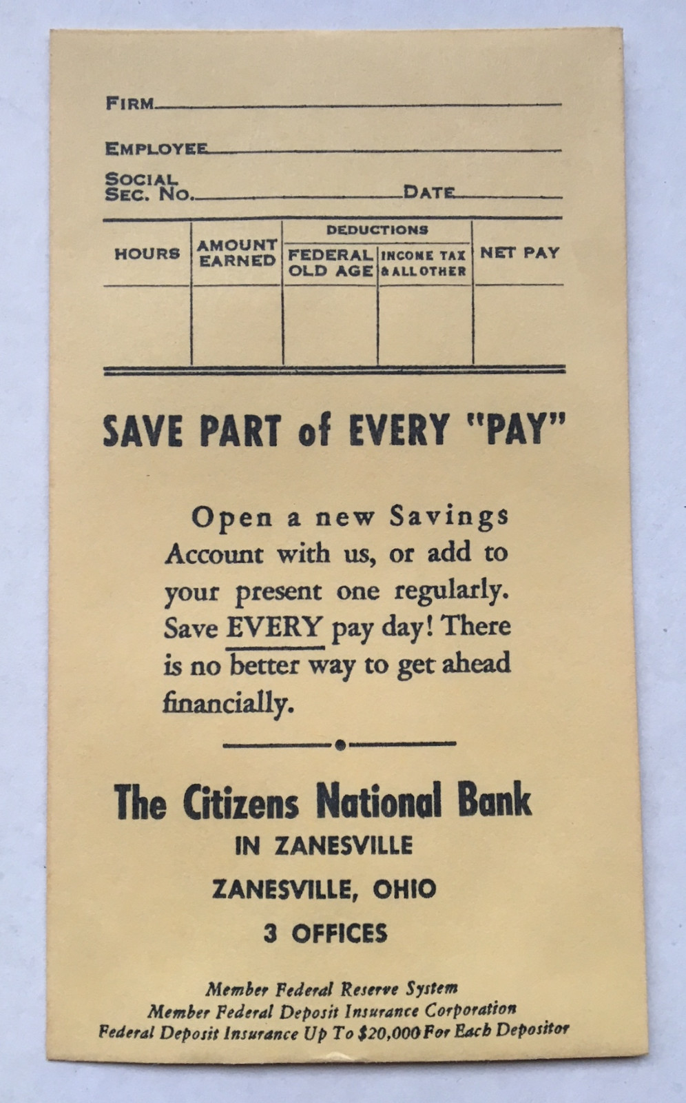 1960–1974 Lot of 10 Citizens National Bank Pay Envelopes – Zanesville, Ohio