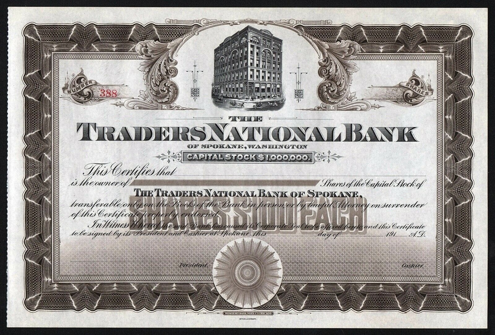 191_ Washington: The Traders National Bank of Spokane unissued Stock Certificate