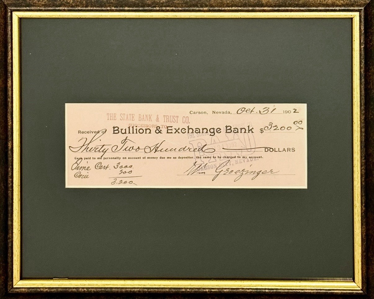 Antique 1902 Carson Nevada Bullion & Exchange Bank Framed Banking Ephemera
