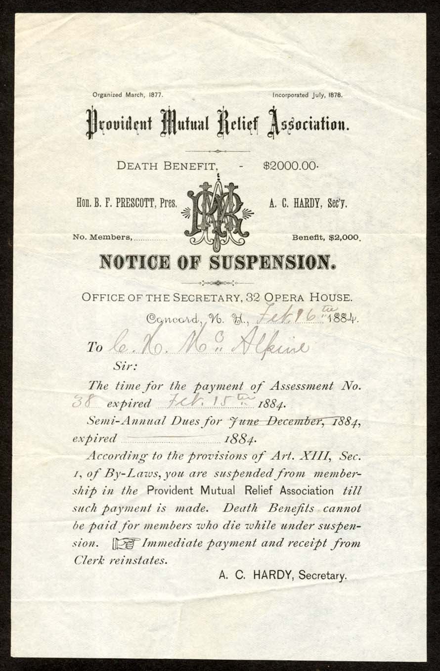Feb 1884 Provident Mutual Relief Asc. Notice Suspension Insurance, Concord NH n2
