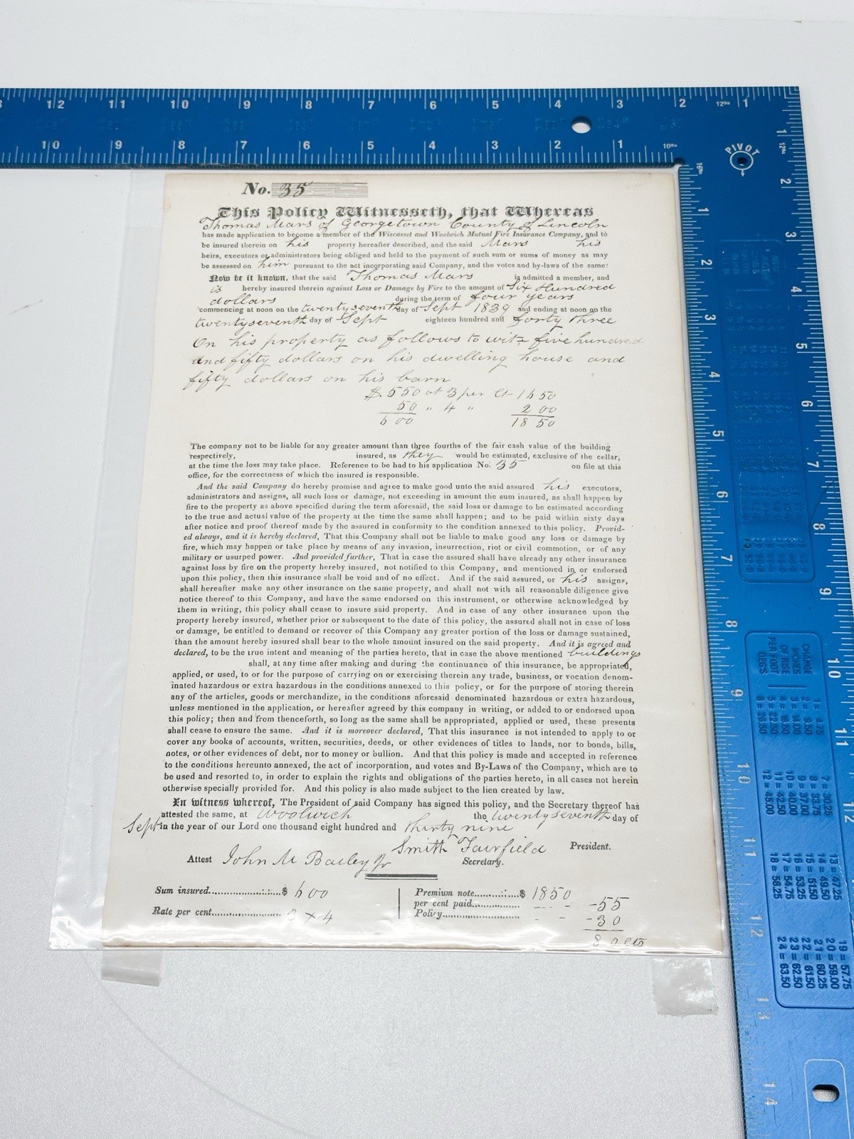 1839 !! Wiscasset And Woolwich Mutual Fire Aid Insurance Company Policy Ephemera