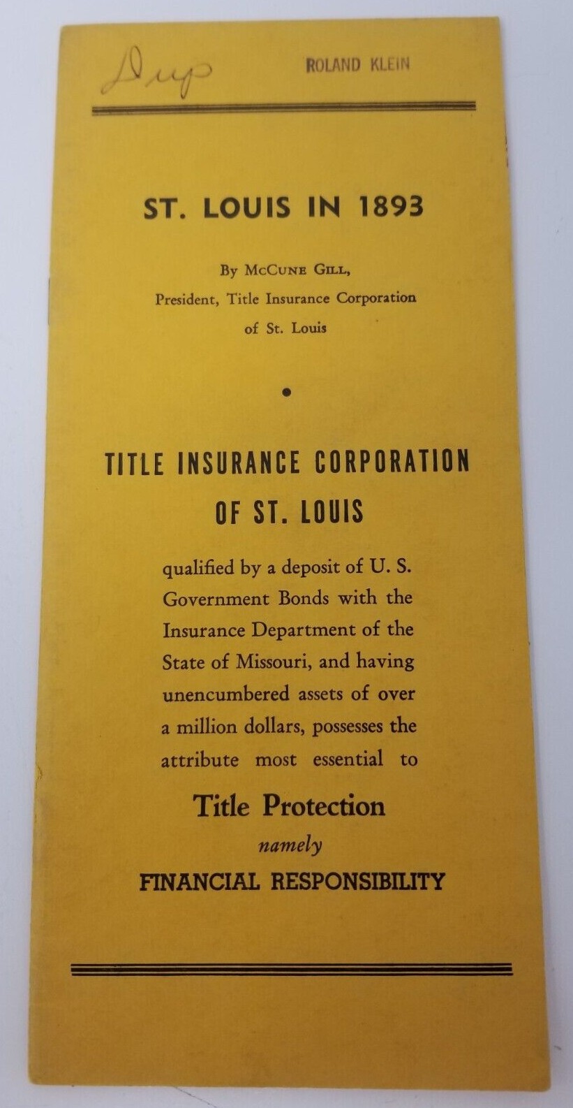 Booklet Title Insurance Corporation of St. Louis in 1893 McCune Gill