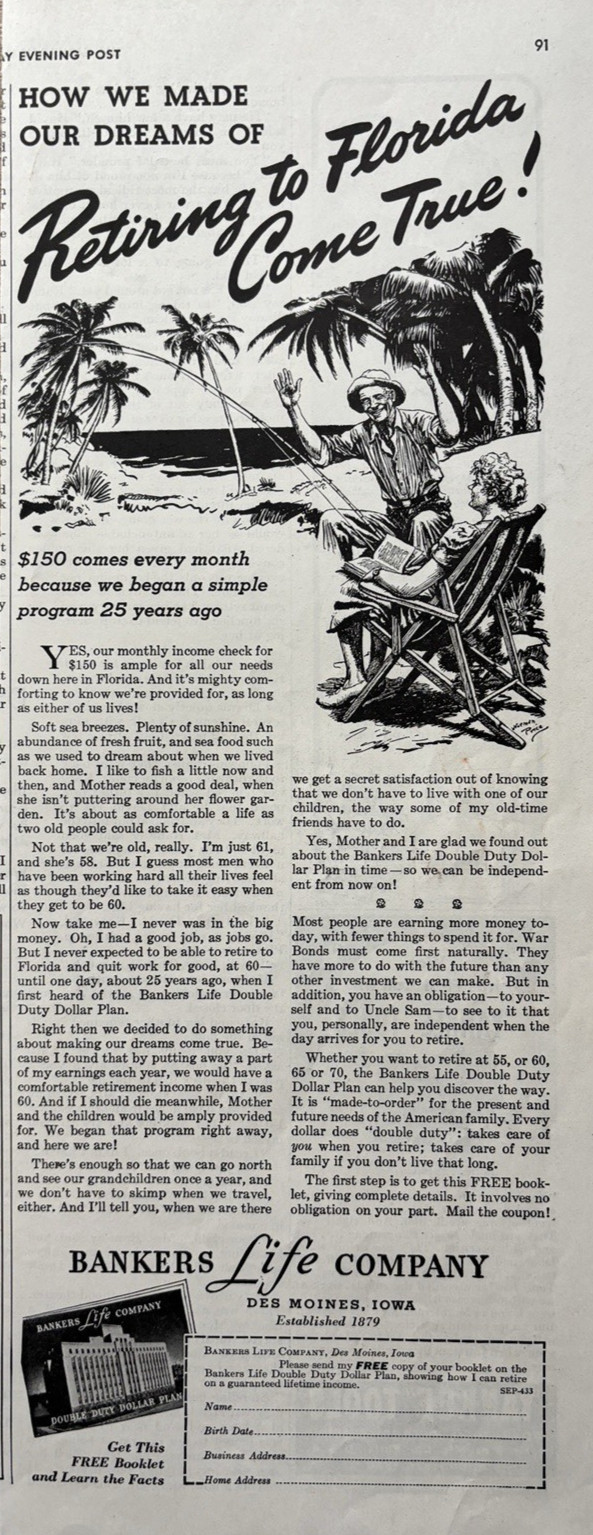 1950s Bankers Life Company Insurance Retire Florida Des Moines VTG Print Ad