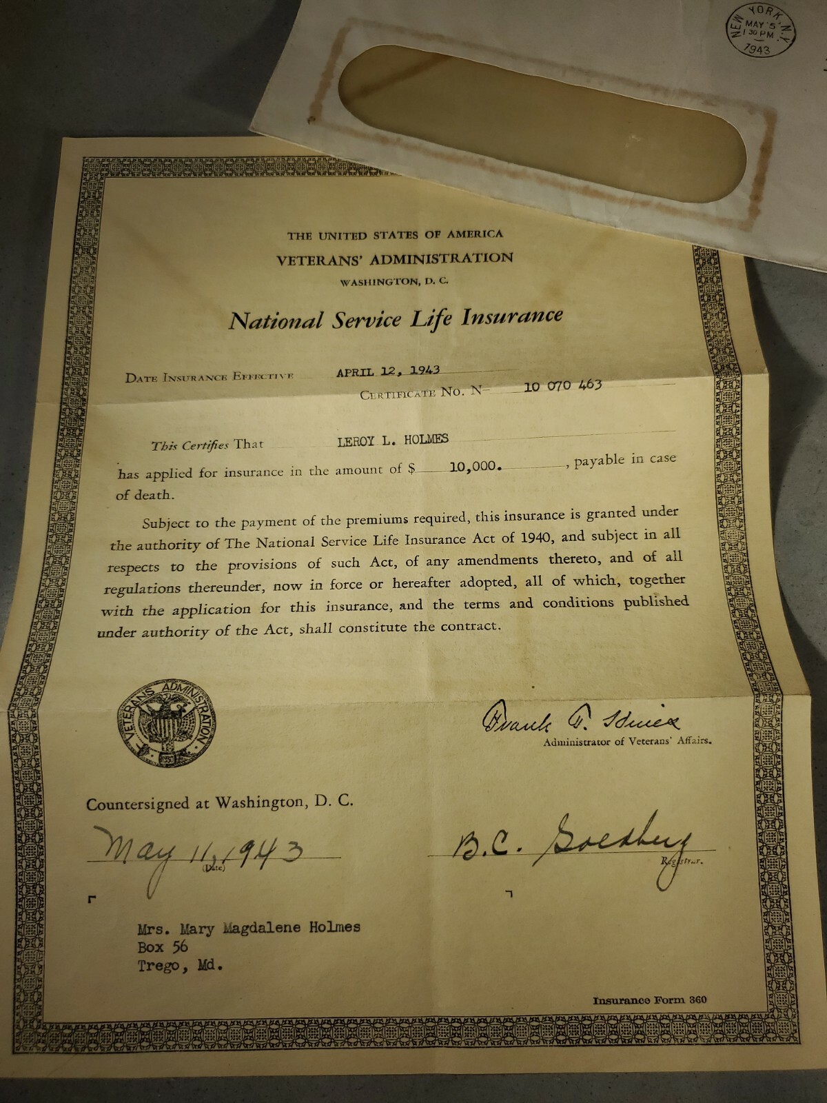 National Service Life Insurance 1943 Veteran’s Administration Certificate