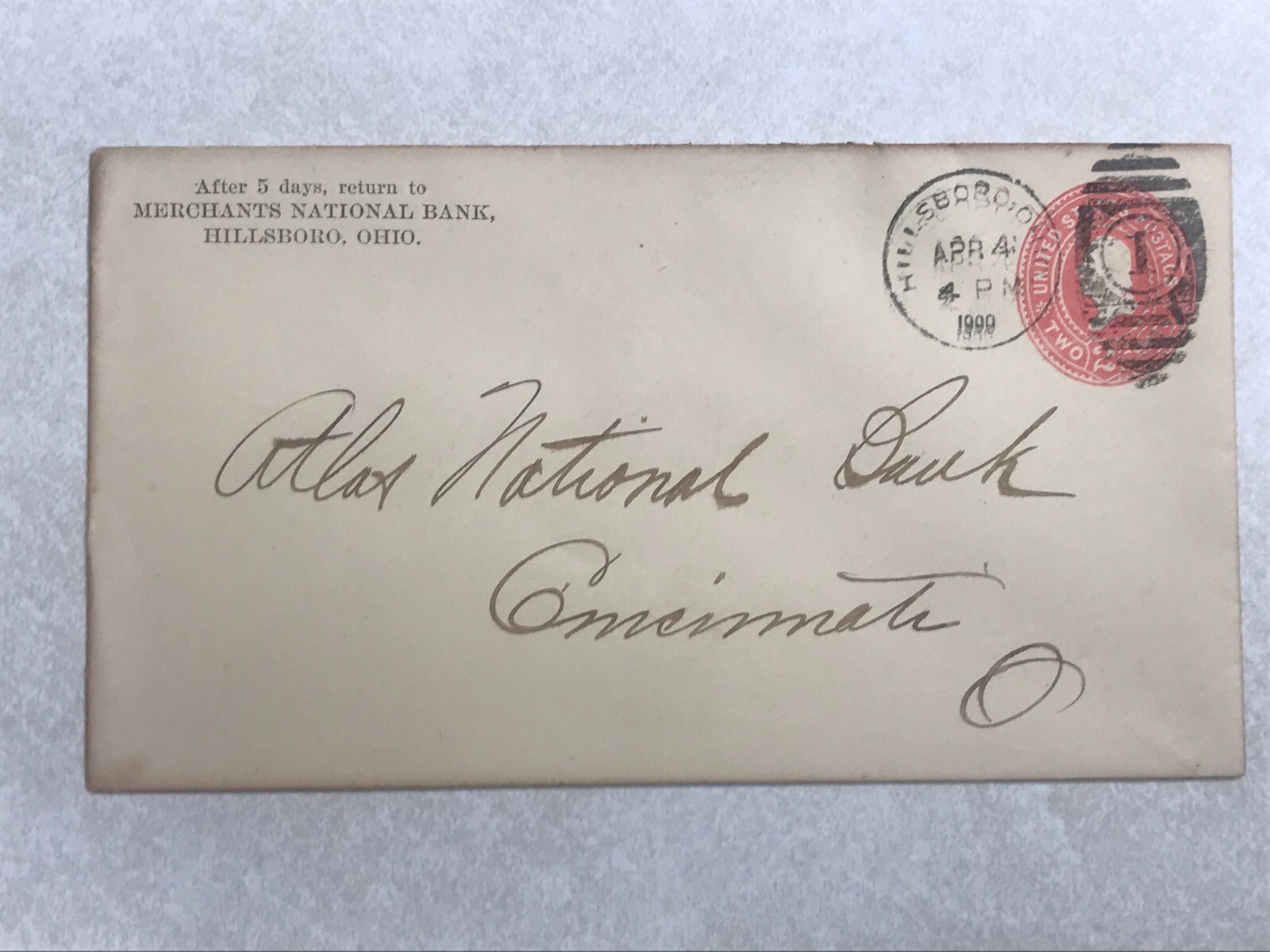 SBB125 Bank Envelope Letterhead Merchants National Bank Hillsboro OH Ohio 1900