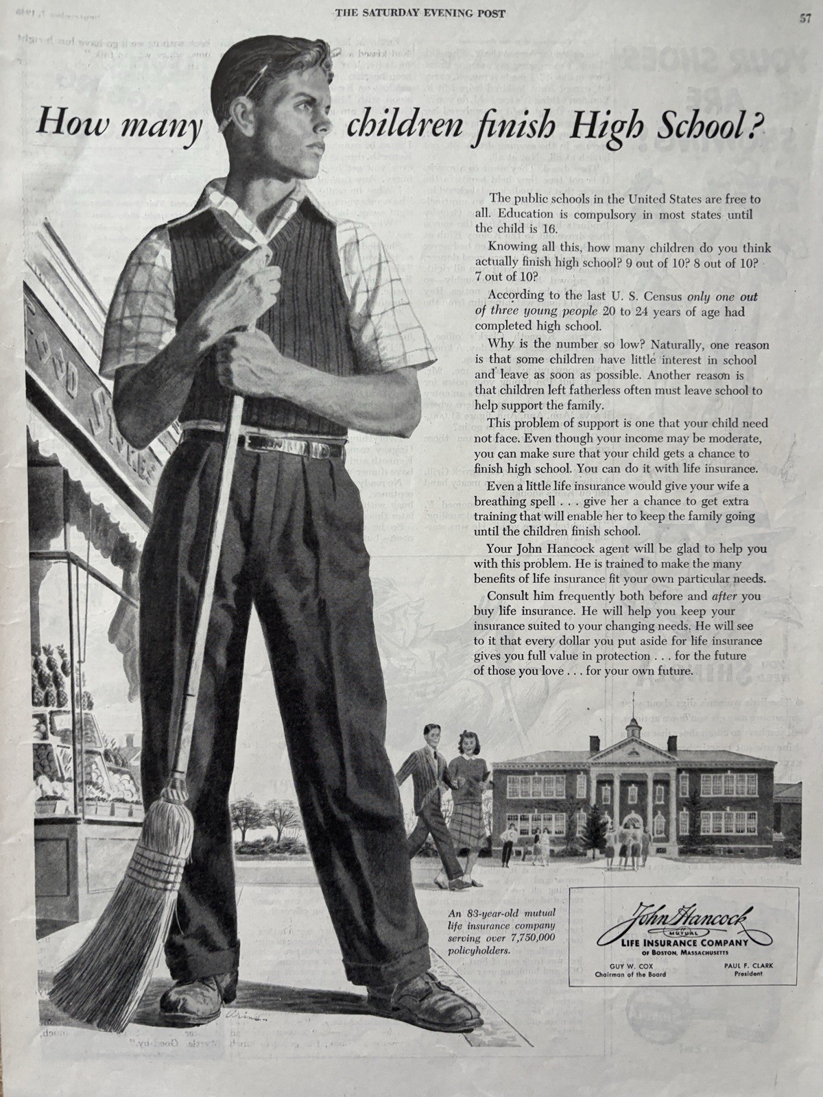 1946 John Hancock Mutual Life Insurance Co Boston Hight School Vintage Print Ad