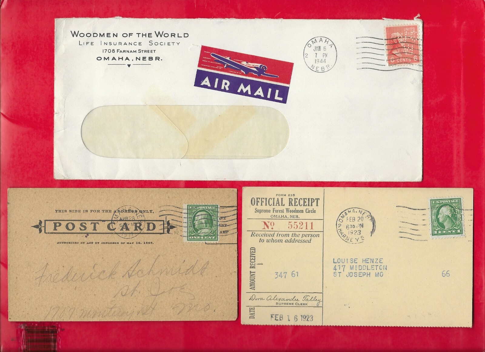 WOODMEN OF THE WORLD Life Insurance Society Vintage Airmail Cover & 2 Postcards