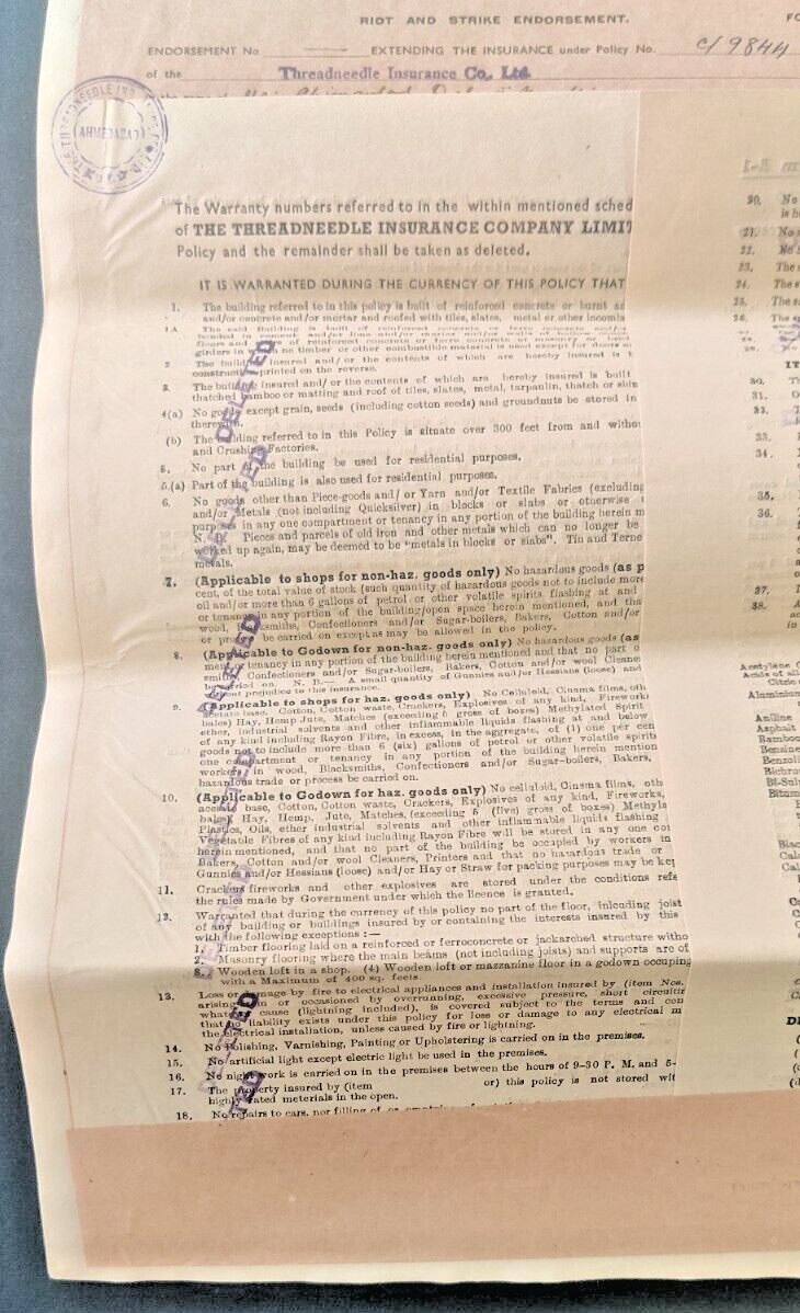 1962 THREADNEEDLE INSURANCE CO LTD fire Policy document vignette stamp India
