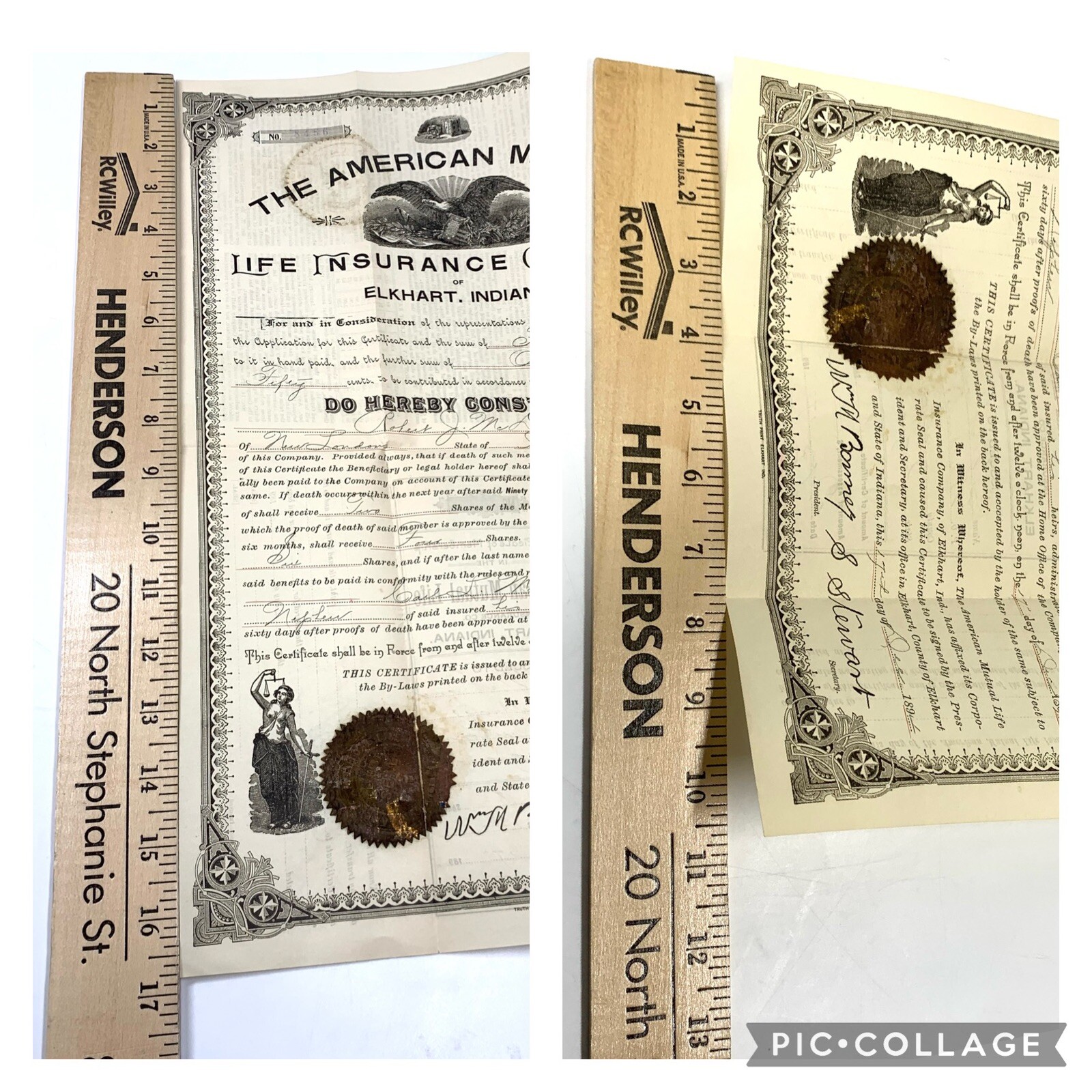 1894 Engraved Insurance Policy American Mutual Life Insurance Elkhart Indiana